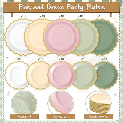 Zhehao 150 Pcs Pink and Green Paper Plates Napkins Serves 50 - Image 4
