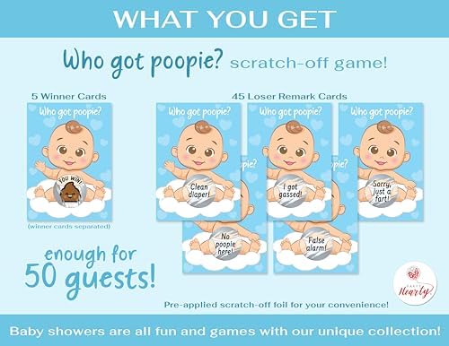 Party Hearty Baby Shower Scratch-Off Game, Poopie Emoji Cards - Blue Boy (Pack of 3) - Image 2