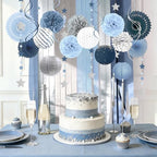 Dusty Blue Party Decorations, 19PCS Hanging Paper Lanterns Fans Tissue Pom Poms Swirls 5 Rolls Crepe Paper for Wedding Birthday, Something Blue Bridal Shower Bachelorette Party Baby Shower Decorations by nicrolandee