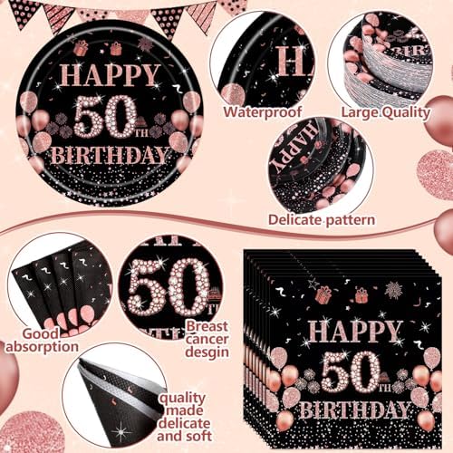 Funnymoom 452 Pcs 50th Birthday Decorations for Women Black and Rose Gold 50th Birthday Paper Plates Cups Napkins Tablecloth Cutlery Straws for Girls Women 50 Year Old Party Supplies for 50 Guests - Image 2