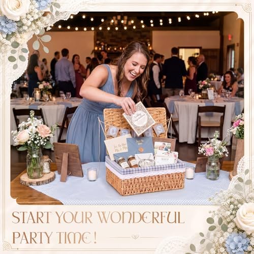 Gerrii Wedding Party Decoration 12 x 9.4 x 5.3 in Large Wicker Storage Basket with Lid Wedding Card Box and Card Banner Set Money Envelope Box Gift for Baby Shower Favor Supplies(Blue Plaid) - Image 3