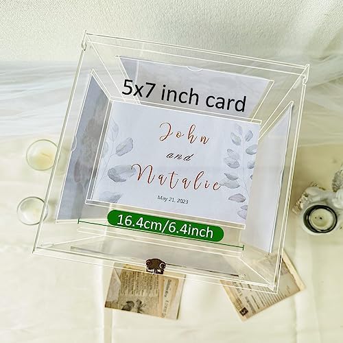 Acrylic Wedding Card Box with Picture Frame, Clear Gift Card Box for Wedding Reception, Large Rotatable Money Envelope Card Box Holder with Lock for Graduation Party Birthday Baby Shower - Image 4