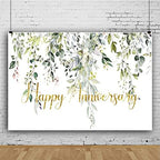 Leowefowa 8x6ft Happy Anniversary Backdrop Green Gold Eucalyptus Leaves Photography Background Wedding Bridal Decorations Surprise Shower Gender Reveal Photo Party Banner Photo Booth Props by Leowefowa