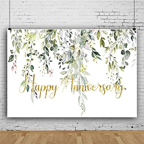 Leowefowa 10x8ft Happy Anniversary Backdrop Green Gold Eucalyptus Leaves Photography Background Wedding Bridal Decorations Surprise Shower Gender Reveal Photo Party Banner Photo Booth Props by Leowefowa
