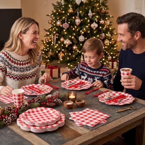 350 PCS Red Gingham Disposable Dinnerware Set, Decagonal Paper Plates 7 & 9 Inch, Napkins, Cups & Cutlery, Checkered Party Supplies for Picnic BBQ Valentine Christmas - Image 2
