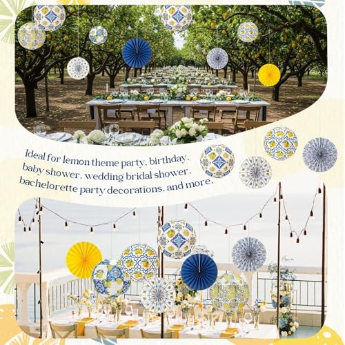 Baquler 24 Pcs Capri Lemon Party Decor Amalfi Coast Mediterranean Blue Yellow Lemon Decor with 12 Paper Lanterns and 12 Hanging Fans for Birthday Bridal Shower Baby Shower Italian Summer Party Wedding - Image 5