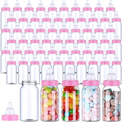 60 Pcs 4.5 Inch Baby Mini Milk Bottle Baby Shower Favor Fillable Feeding Bottle Candy Box Small Plastic Candy Container DIY Gift for Boy Girl Newborn Baptism Party Decor (Pink) by PINKXHY
