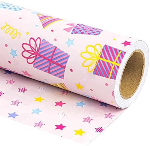 WRAPAHOLIC 30 Inch Jumbo Reversible Birthday Wrapping Paper - 30 Inch x 100 Feet Jumbo Roll - Pink Girls Happy Birthday Wrapping Paper for Kids Girls Gift Wrap, Baby Shower by WRAPAHOLIC