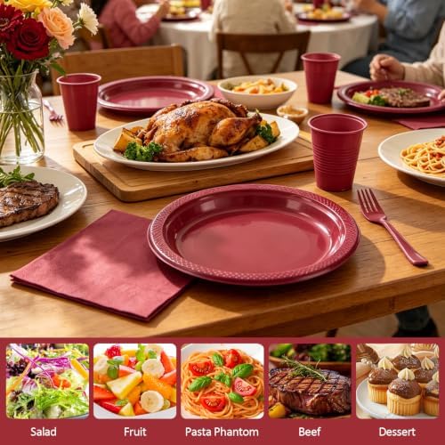 200pcs Burgundy Plastic Plates Party Supplies, Disposable Maroon Plates and Napkins, 9" Dinner Plates, Napkins, Cups & Cutlery Plastic Dinnerware Set for Birthday, Wedding, Christmas, Serves 50 Guests - Image 3