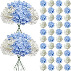 50 Pcs Faux White Blue Hydrangea Artificial Flowers Bulk, Fake Silk Hydrangea Flowers Heads with Stems for Wedding Decorations Garden Party Baby Shower Porch Home Decor Table Centerpieces by Cherica