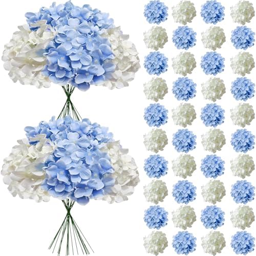 50 Pcs Faux White Blue Hydrangea Artificial Flowers Bulk, Fake Silk Hydrangea Flowers Heads with Stems for Wedding Decorations Garden Party Baby Shower Porch Home Decor Table Centerpieces by Cherica