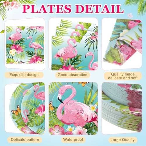 Pickmesh 250 Pcs Summer Flamingo Disposable Tableware Set Hawaiian Luau Party Supplies Tropical Paper Plates Napkins and Cups for Summer Beach Aloha Baby Shower Birthday Pool Party, Serve 50 Guest - Image 2