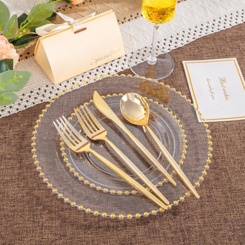 LIYH 150 Pcs Clear and Gold Plastic Plates - Elegant Disposable Gold Plastic Dinnerware set Include Dinner & Dessert Plates for Birthday Party Wedding 30 Guests - Image 4