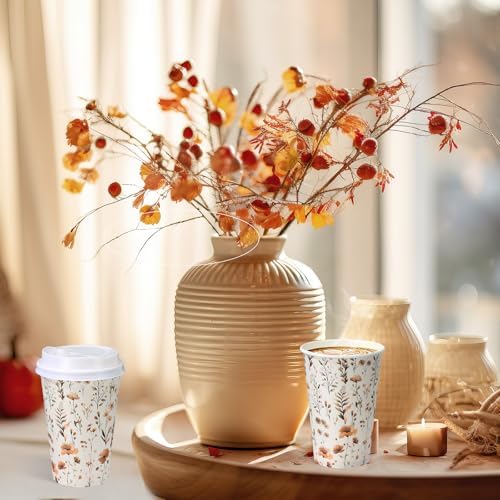 Funnymoom 100 Pieces Fall Floral Disposable Paper Cups with 120 Lids 12 oz Coffee Wildflower Coffee Cups for Autumn Floral Themed Birthday Bridal Wedding Tea Party Baby Shower Party Decorations - Image 4