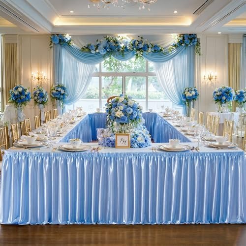 14ft Length Blue Satin Table Skirt Rectangle Tables-Wrinkle Resistant Ruffle Table Skirting Glitter Desk Cover Skirt for Baby Shower Birthday Party Ocean Shark Gender Reveal Cake Table Decorations - Image 5