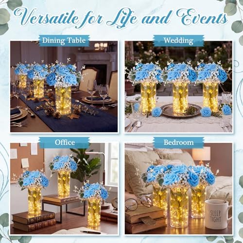 Domensi Set of 6 LED Lighted Floral Table Centerpieces, Faux Roses, Eucalyptus & Baby's Breath in Acrylic Vase, Glowing Rustic Wedding Decor for Bridal Shower, Party & Dining Table(Blue) - Image 5
