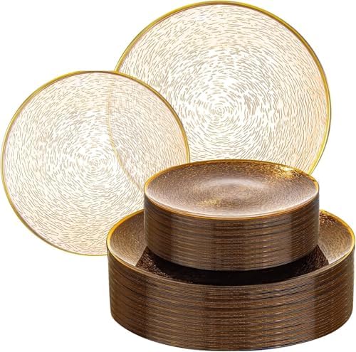 Liacere 60Pcs Brown Plastic Plates-Disposable Plates With Gold Rim,Heavy-duty Amber Plates,Water ripples Party Plates Include 30 Dessert-Platos,30 Dinner-Platos for Wedding&Thanksgiving&Fall Party by Liacere