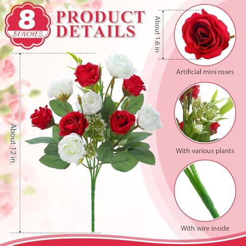 Zeyune 8 Pack 12 Inch Artificial Rose Bouquet, Red and White - Image 2