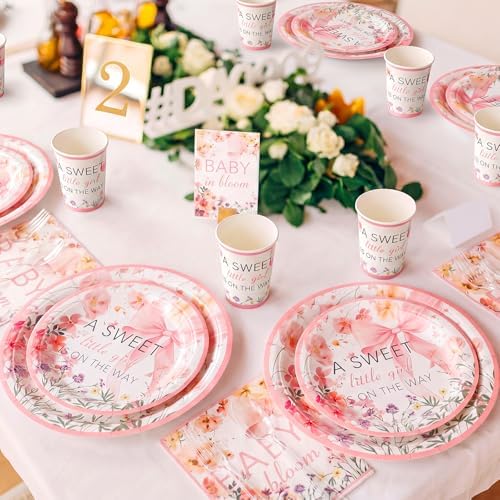 FillTouch 350 Pcs Baby in Bloom Baby Shower Party Plates Napkins a Sweet Is on The Way Paper Cups with Clear Knives Fork Spoon for Pink Bow Flower Disposable Birthday Tableware for 50 Guests - Image 4