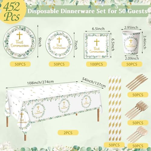 Ceenna 452 Pcs First Communion Party Decoration Boy for 50, Green Baptism Paper Plate Napkin Cup Tablecloth Cutlery Straw God Bless Disposable Tableware for Christening Religious Baby Shower Supplies - Image 3