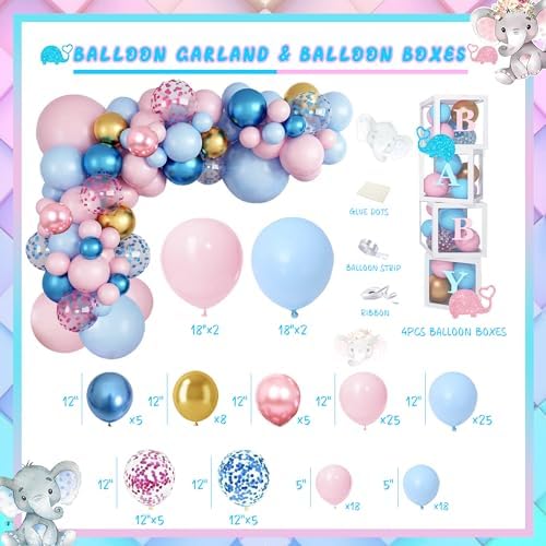 164pcs Gender Reveal Decorations, Gender Reveal Supplies Kit, Baby Boxes Gender Reveal Balloon Decorations Kit, Pink and Blue Elephant Gender Reveal Decorations, Boy or Girl Decorations Kit - Image 3
