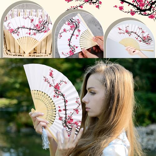 Roowest 50 Pcs Cherry Blossom Hand Paper Fans Chinoiserie Favor Kit Folding Chinese Japanese Retro Hand Fans with Organza Bag Summer Wedding Party Supplies Bridal Shower Gifts for Guests - Image 6