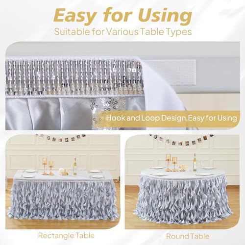 Wish Care 17ft Silver Sequin Table Skirt for Rectangle Tables Glitter Fringe Tutu Skirts Ruffle Tablecloth Teacher Desk Skirt for Wedding Birthday Baby Shower Theme Party Banquet Table Decorations - Image 5