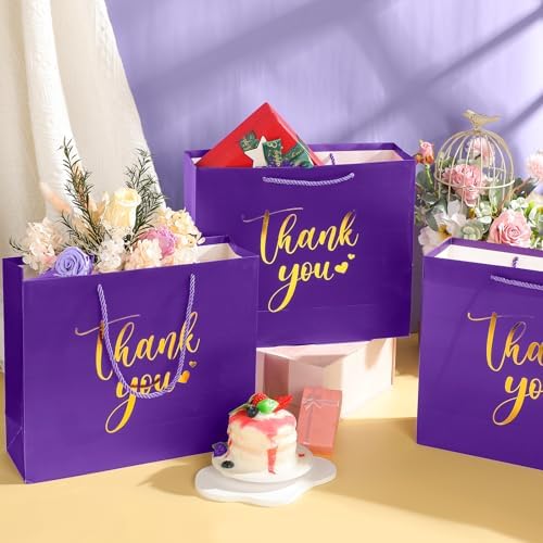 Kolldenn 16 Pcs Thank You Gift Bags Thank You Paper Bags with Handle Wrap Bags Bulk Totes for Birthdays Business Wedding Baby Shower Party Favors(11.81 x 9.84 x 3.94 Inches,Purple) - Image 3