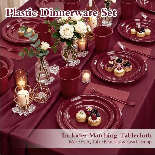 Burgundy Plastic Plates for Party,30 Guests Disposable Maroon Party Supplies,9" Dinner,7" Dessert Plate,Napkins,Cups,Forks and Tablecloth Dinnerware for Birthday Wedding Elegant Parties - Image 2