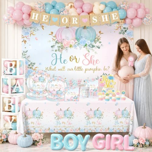 Pumpkin Gender Reveal Decorations - Fall Baby Shower Party Set With Tableware,Banner,Box,Balloon Arch What Will Our Little Pumpkin Be Decorations for Fall He or She Gender Reveal Party - Image 2
