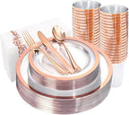 YOUBET 175PCS Rose Gold Plastic Plates - Clear Plastic Plates Disposable with Rose Gold Rim includes 50 Plates, 25Forks, 25Knives, 25Spoons, 25Cups, 25Napkins for Party & Wedding by YOUBET