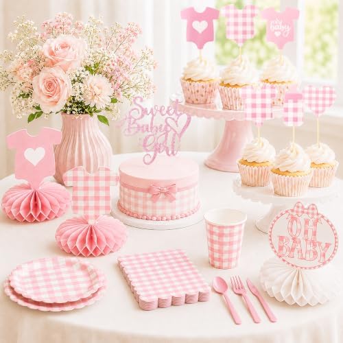222Pcs Pink Gingham Baby Shower Decorations for Girl - Image 6