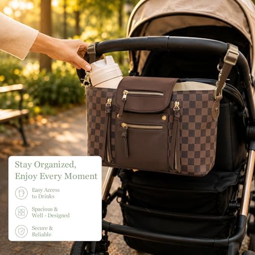 miss fong Checkered Stroller Caddy with Insulated Cup Holder Universal Stroller Organizer Bag Baby Storage Bag with Adjustable Strap, Fits for Baby Carriage like Uppababy, Baby Jogger, Umbrella - Image 2