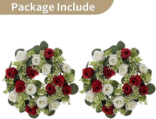 NUPTIO Candle Rings Wreaths Centerpieces: 13.4 Inch Crimson & White Flower Rose Wreath for Wedding Party Christmas Table Decorations - Spring Summer Front Door Porch Decor 2 Pcs - Image 6