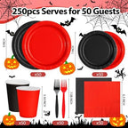 Red and Black Plates and Napkins Party Supplies, Include 9’’ Disposable Paper Plate, 7’’ Dessert Plates and Cups and Napkins Forks Set for Halloween, Christmas, Retirement, Birthday, Serves 50 - Image 2