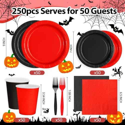 Red and Black Plates and Napkins Party Supplies, Include 9’’ Disposable Paper Plate, 7’’ Dessert Plates and Cups and Napkins Forks Set for Halloween, Christmas, Retirement, Birthday, Serves 50 - Image 2