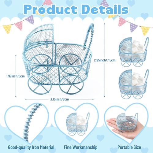 Threehoney 24 Pcs Baby Shower Mini Carriage Decoration Blue Metal Wired Fillable Candy Stroller Baby Shower Table Centerpiece for Guest Gender Reveal Wedding Party Favor Gift - Image 2