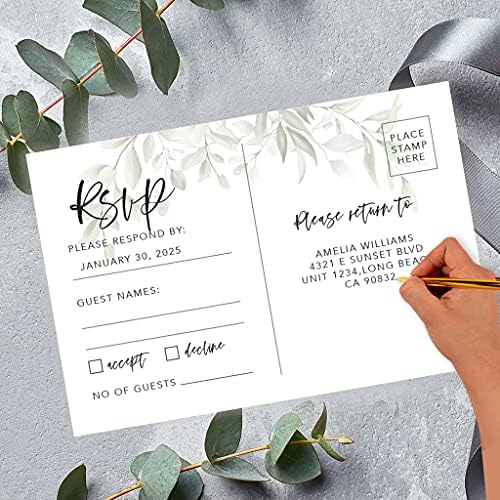 Andaz Press 56-Pack Personalized RSVP Postcards for Wedding Greenery Leaves Cardstock Response Reply Cards for Bridal Shower Baby Shower Birthday Event Custom Date and Return Address 4 x 6-Inch - Image 2