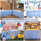 167in Baby Blue Tulle Table Skirts for Rectangle Tables 6/8ft, 2-Layer Gold Grim Ruffle Tulle Tutu Blue Cloth Table Skirt 14ft Decor Boy Birthday Party Baby Shower Cake Dessert Tables(No Table Cover) - Image 4