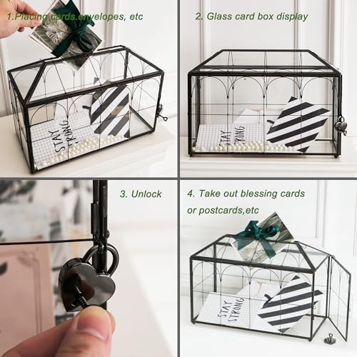 Wedding Card Box with Slot, 12.6'' Large Glass Card Boxes for Reception, Black Geometric Holder, Clear Decorative Storage Box with Lock for Baby Shower, Birthday Party, Christmas, Bridal Shower - Image 5