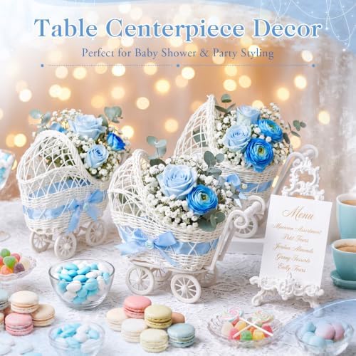 4 Pack Rattan Baby Carriage Baby Shower Table Centerpiece,Blue - Image 4