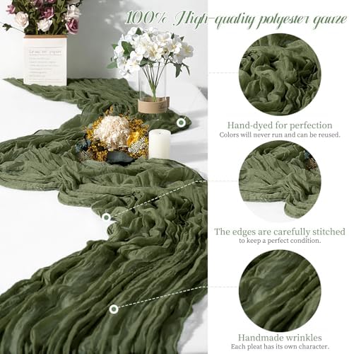 Teruntrue 20 Pack Olive Green Cheesecloth Table Runner 17x108 Inch, Boho Gauze Sheer Fabric Cheese Cloth Table Runners for Wedding Party Bridal Shower Baby Shower Birthday Home Decor Garden Farmhouse - Image 3
