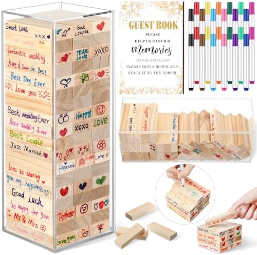 80 Wedding Guest Book Alternative tumbling tower Wooden Block, Leaves by Beeveer