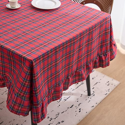 vctops Christmas Red Plaid Ruffle Table Cloth, Farmhouse Cotton Linen Tablecloth, Washable Table Cover for Rectangle Table Baby Shower Kitchen Party Wedding Decor (Red B,70"x102") - Image 5