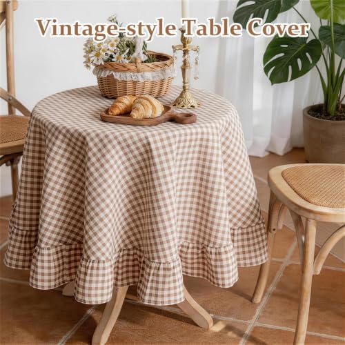 Khaki Plaid Ruffled Tablecloth 70" Round Farmhouse Checkered Gingham Table Cloth for Seat 4-6 Vintage Buffalo Plaid Decorative Table Cover for Picnic Dining Outdoor Kitchen - Image 4