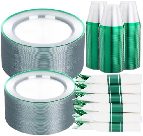 BESTSTAR 350 PCS Clear Green Plastic Dinnerware Set for Party for 50 Guests by BESTSTAR