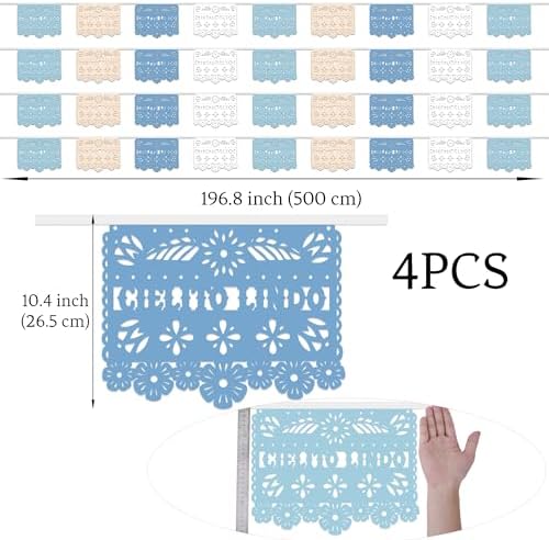 TOUROAM 4 Pack Blue Mexican Papel Picado Banner, Fiesta Party Decorations for Birthday, Baby Shower, Cinco De Mayo, Día De Los Muertos, Day of the Dead - Image 2