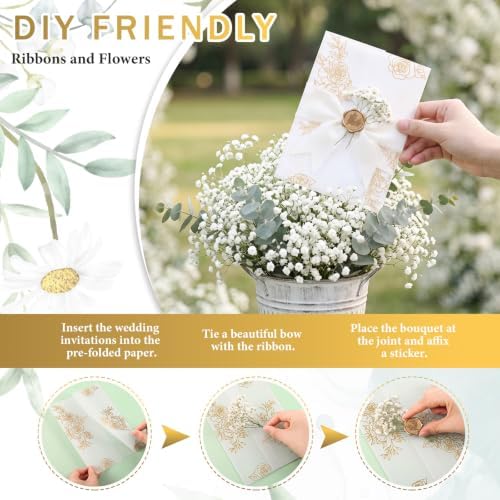 Fullhawl 100 Sets Wedding Invitations Wraps Set Pre Folded Vellum Jackets for 5 x 7 Invitations Dried Flowers Wax Seal Stickers Chiffon Silk Ribbon for Wedding Birthday Bridal Shower (White) - Image 4