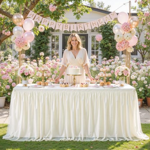 6 Pack Ivory Tablecloths for 6 Foot Rectangle Tables Ivory Table Cloth Rectangle Tulle Tablecloth 6ft Cream Stretch Spandex Table Cover for Wedding Baby Shower Birthday Party Banquet Desk Table Skirt - Image 2
