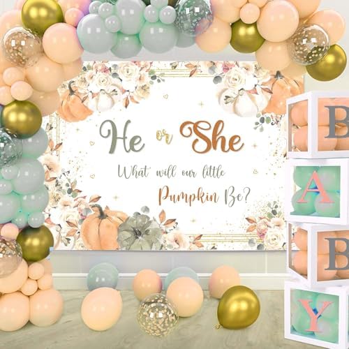 AIBIIN Fall Pumpkin Gender Reveal Backdrop He or She What Will Our Little Pumpkin Be Party Banner Pumpkin Floral Gender Reveal Party Supplies 8x6ft - Image 4